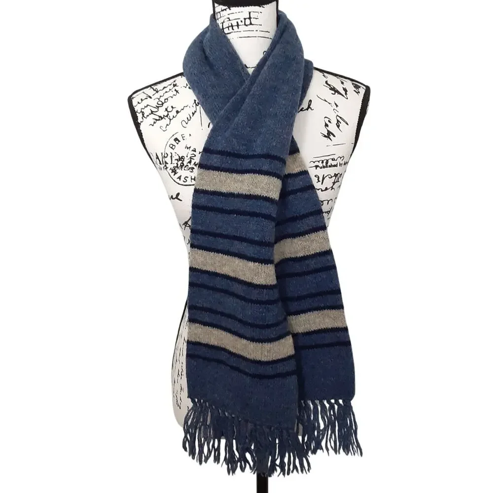 Vintage 100% Shetland Wool Neck Scarf Blue Striped Fringe Rectangle Made in USA